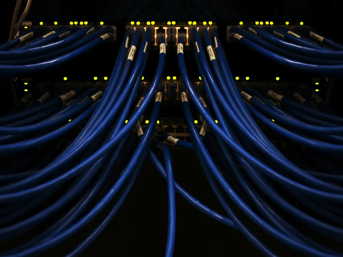 Beschriftete blaue Patchkabel in einem Serverschrank von TORUTEC