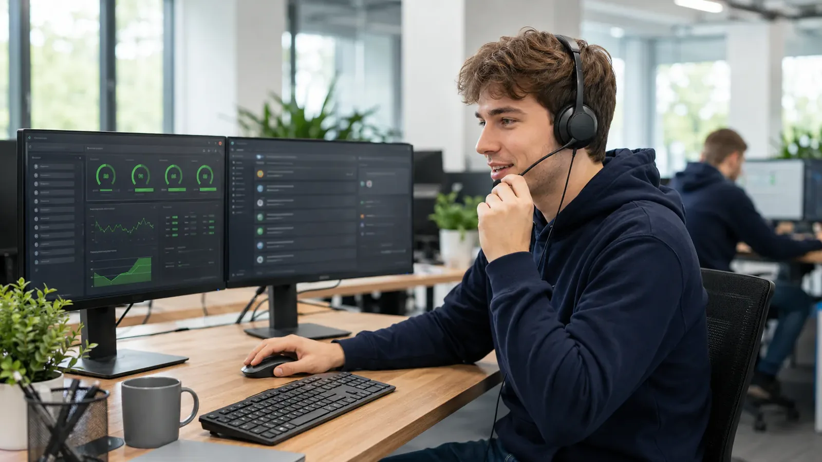 Mitarbeiter mit Headset am Helpdesk vor mehreren Monitoring-Dashboards