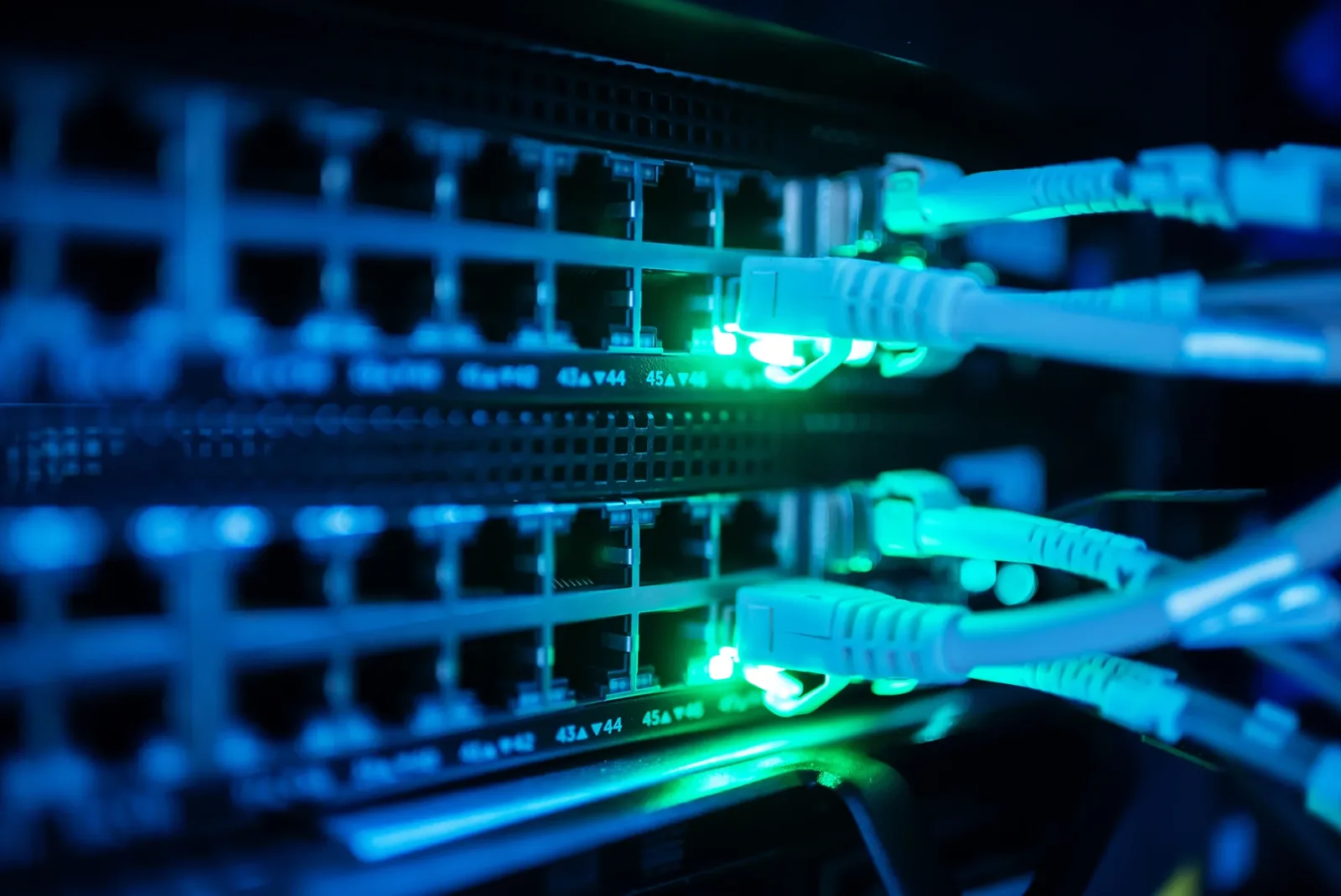Netzwerkswitch mit blau und grün leuchtenden Patchkabeln