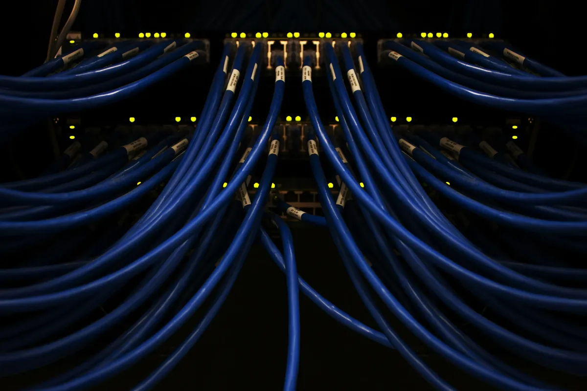 Gebündelte blaue Patchkabel an einem Patchfeld im Serverschrank